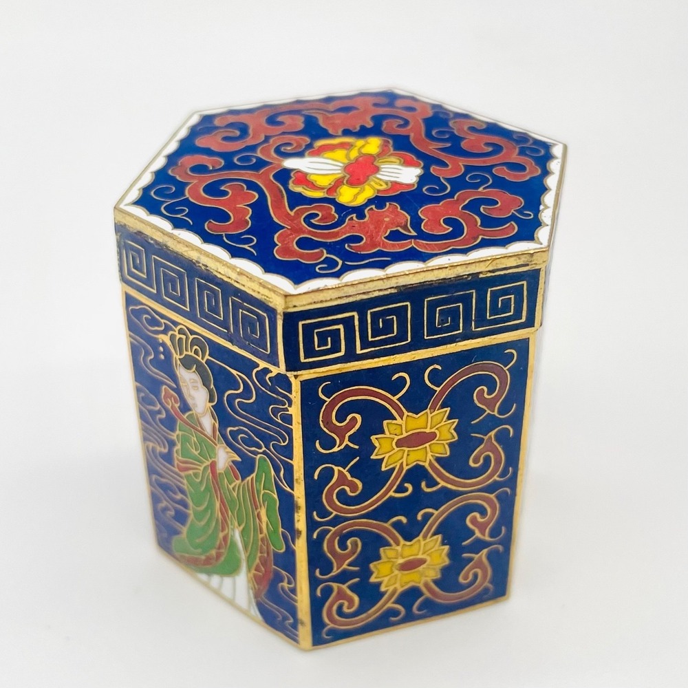 Peking Jewelry Cloisonne Enamel 7-Piece Puzzle Trinket Box Set Blue Floral - Picture 10 of 17